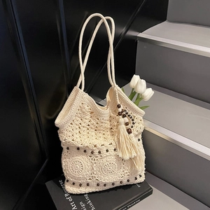 Handmade Woven Tote Bag With Tassels And Wood Beads Bohemian Hollow Crochet Shoulder Bag For Summer Beach Vacation Women