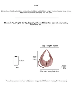 Size chart showing pink pleated dumpling bag dimensions and storage capacity comparison