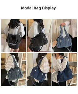 Detailed views of vintage denim tote bag showing multiple pockets and strap styles