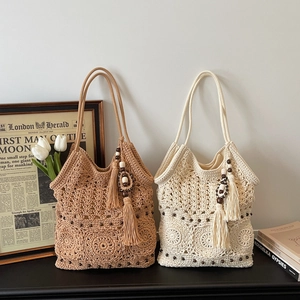 Handwoven hollow tote bags with wooden beads and tassels in beige and khaki styles