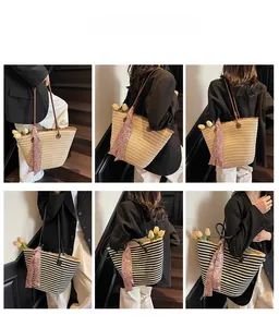 Detail showing large striped straw tote bags with floral scarf and tulip decorations