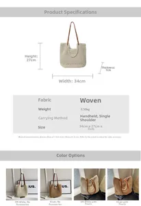 Detailed size chart and parameter table for large capacity woven straw beach tote bag