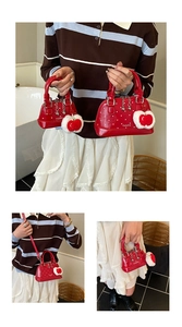 Detailed comparison of red polka dot shell bags in two sizes with plush charm and silver chain
