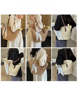 Detail shots of a woven straw tote bag featuring printed silk scarf and leather straps