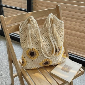 Handmade Crochet Sunflower Tote Bag For Women Woven Shoulder Bag With Tassels Beach Vacation Bohemian Style Fashion Bag