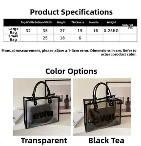 Detailed size specifications for large and small PVC tote bags including dimensions