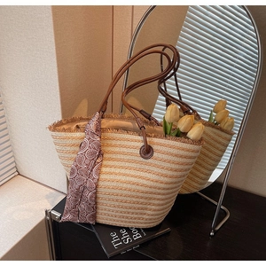 Large Capacity Straw Woven Tote Bag For Women Summer Beach Vacation Shoulder Bag With Scarf Striped Casual Holiday Handbag