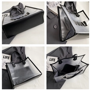 Detailed views of transparent PVC tote bag with black leather inner pouch and DIMO logo