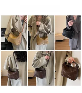 Collage of chic PU leather square bags shown in khaki, brown, and black by a model