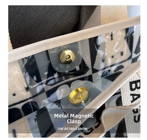 Detailaufnahme der sicheren goldene Magnetschnalle aus Metall an der transparenten PVC-Tasche