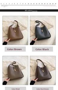 Detail view of large PU leather bucket bags in four colors with golden twist locks