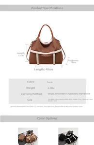 Tableau des tailles détaillé pour grand sac fourre-tout en daim avec spécifications matières