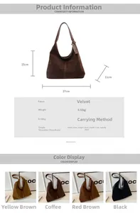 Detailed size specifications and material chart for the vintage suede hobo shoulder bag