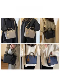 Collage of women's oxford tote bags in beige, black and navy showing multi-angle wear