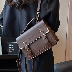 Japanese retro dark brown leather messenger bag with gold hardware and double straps
