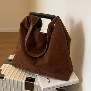 Retro large capacity frosted suede tote bag with brown leather handles for women