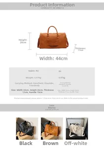 Close-up of high-capacity PU leather travel bag with precise dimensions and color options