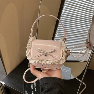 Women Mini Square Shoulder Bag Sweet Lace Bow Decor PU Leather Crossbody Handbag Polka Dot Heart Pattern Ladylike Trendy Purse