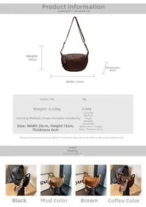 Detailed view of the half-moon PU leather bag dimensions 26x16x8cm and 0.32kg weight