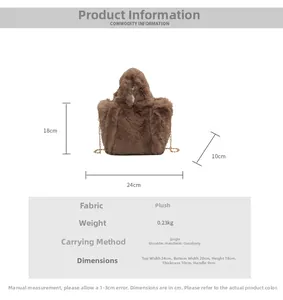 Spécifications de taille pour le sac seau en peluche marron avec dimensions et poids