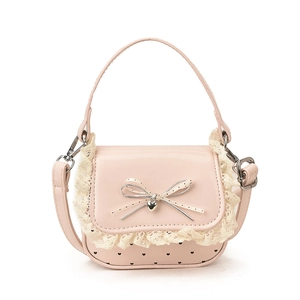 Sweet pink mini crossbody bag with lace trim, polka dot bow and silver heart charm