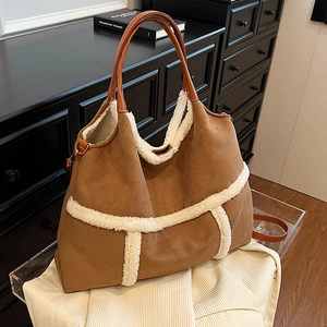 Sac Fourre-Tout Vintage en Suédine pour Femmes Grande Capacité Garniture en Laine d'Agneau Artificielle Sac à Main de Navettage