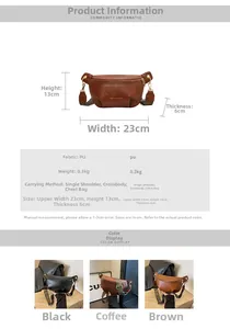 Size chart showing PU leather crossbody bag dimensions 23x13x6cm and strap details