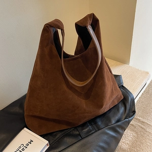 Brown vintage large suede tote bag with leather shoulder strap for elegant women