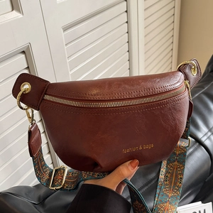 Vintage PU Leather Half Moon Chest Bag With Wide Ethnic Embroidery Strap Fashion Gold Zipper Crossbody Waist Bag For Women