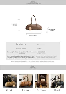 Size guide for large PU shoulder bag showing dimensions 41x15x10cm and color options