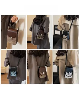 Detailed views of vintage crossbody phone bag featuring flap cover and metal twist lock closure