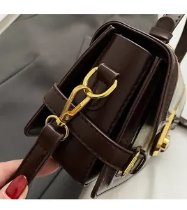 Detail of dark brown leather handbag featuring gold metal detachable strap buckles