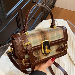 Vintage Women Plaid Patchwork Small Square Bag Retro Synthetic Leather Shoulder Crossbody Bag With Golden Lock For Casual Travel