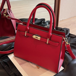 Women Lychee Pattern PU Leather Handbag Gold Buckle Crossbody Bag Large Capacity Top Handle Purse Wedding Party Red Black