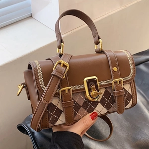 Vintage British Style Argyle Pattern Crossbody Handbag For Women PU Leather Splicing Small Square Bag Gold Metal Lock