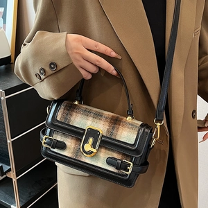 Vintage checkered wool handbag with brown leather trim and golden twist lock for women