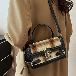 Chic women's crossbody bag with retro leather and textured plaid fabric in autumn style