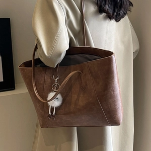 Maillard style vintage dark brown large tote bag with cute plush pendant for women