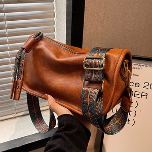 Women Vintage PU Leather Crossbody Bag Fashion Wide Printed Strap Shoulder Bag Retro Handbag Pillow Bag Daily Tote Purse