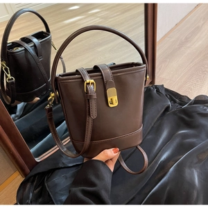 Detailed view of deep brown bucket bag with gold metal buckle and adjustable strap