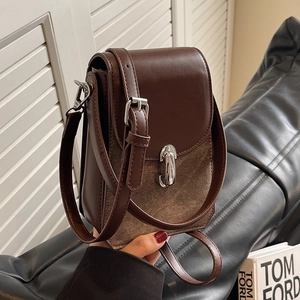 Women Vintage PU Leather Canvas Patchwork Mini Phone Crossbody Bag Elegant Splicing Small Square Shoulder Handbag With Silver Lock