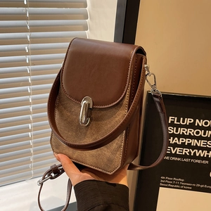 Retro brown contrast crossbody phone bag with silver buckle and leather strap for women