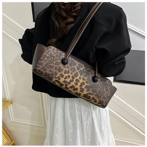 Chic leopard print underarm bag with brown leather trim and large capacity for women