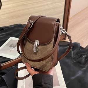 Retro brown crossbody phone bag for women with flap cover and metallic twist lock