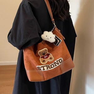 Brown frosted tote bag with bear patch and STRONG embroidery for women