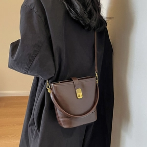 Classic dark brown bucket bag with gold clasp shown on a model in a minimalist setting