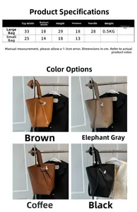 Detailed size guide table and dimensions for large and small PU leather bucket bags