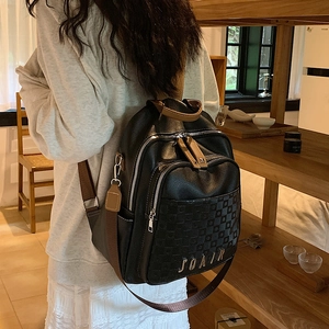 Sac à Dos Femme Urbain Minimaliste en Cuir PU Grande Capacité Mode Texture Damier Sac de Voyage Décontracté Double Fermeture
