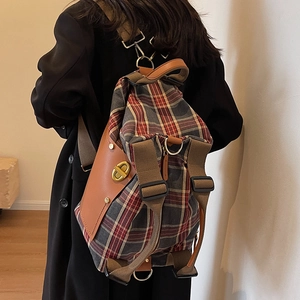 Vintage Large Capacity Tartan Canvas Backpack For Women British Style Plaid Travel Shoulder Bag With Brown Leather Splicing