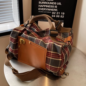 Retro plaid travel backpack with large capacity and brown leather trim for women